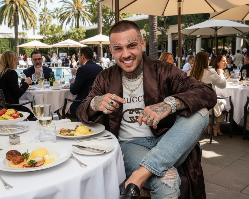 A man in a fur-trimmed jacket and heavy gold jewellery seated at an outdoor restaurant table