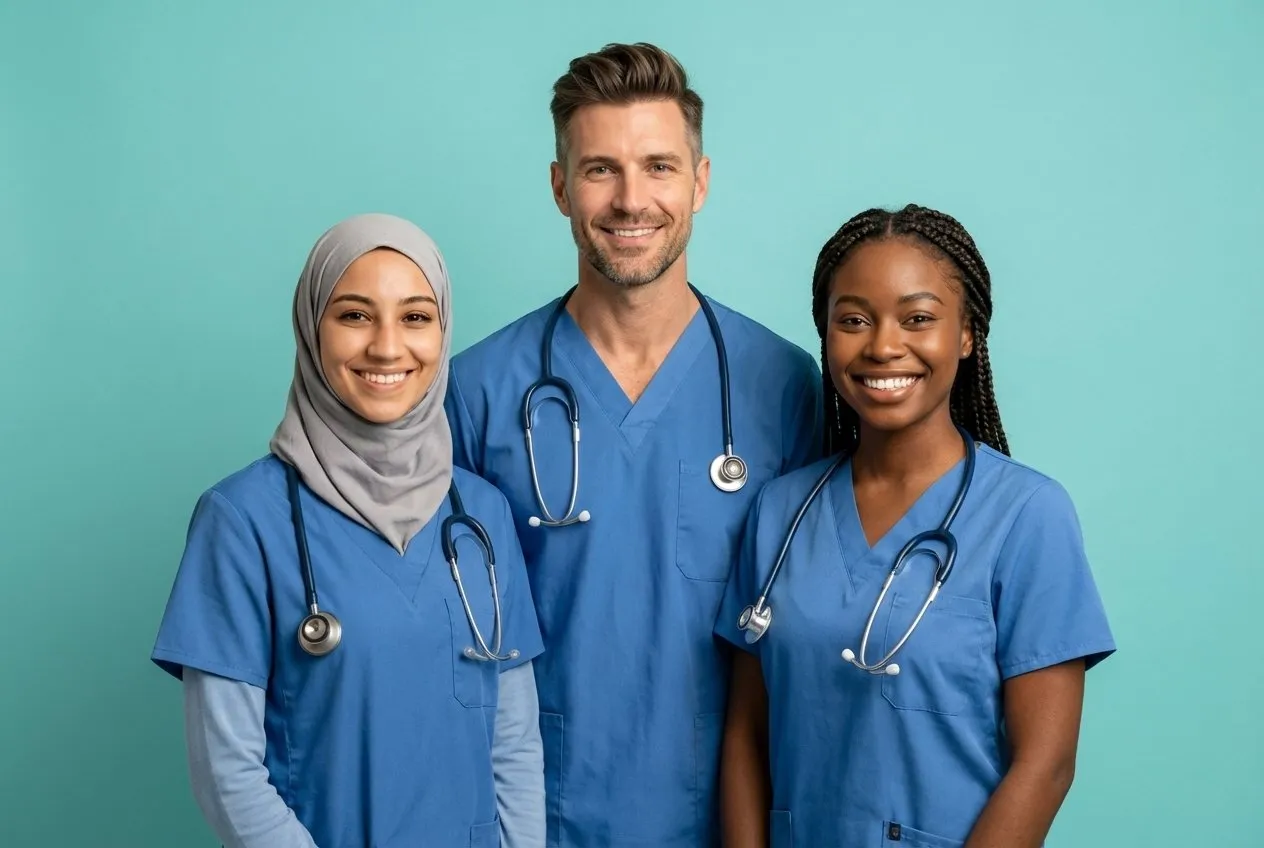 Three healthcare workers in blue scrubs with stethoscopes, standing together against a teal background