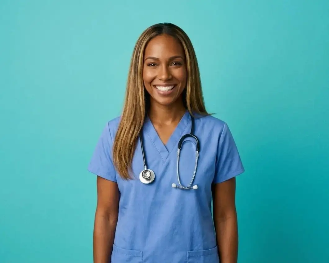 A smiling healthcare worker in blue scrubs with a stethoscope, against a teal background