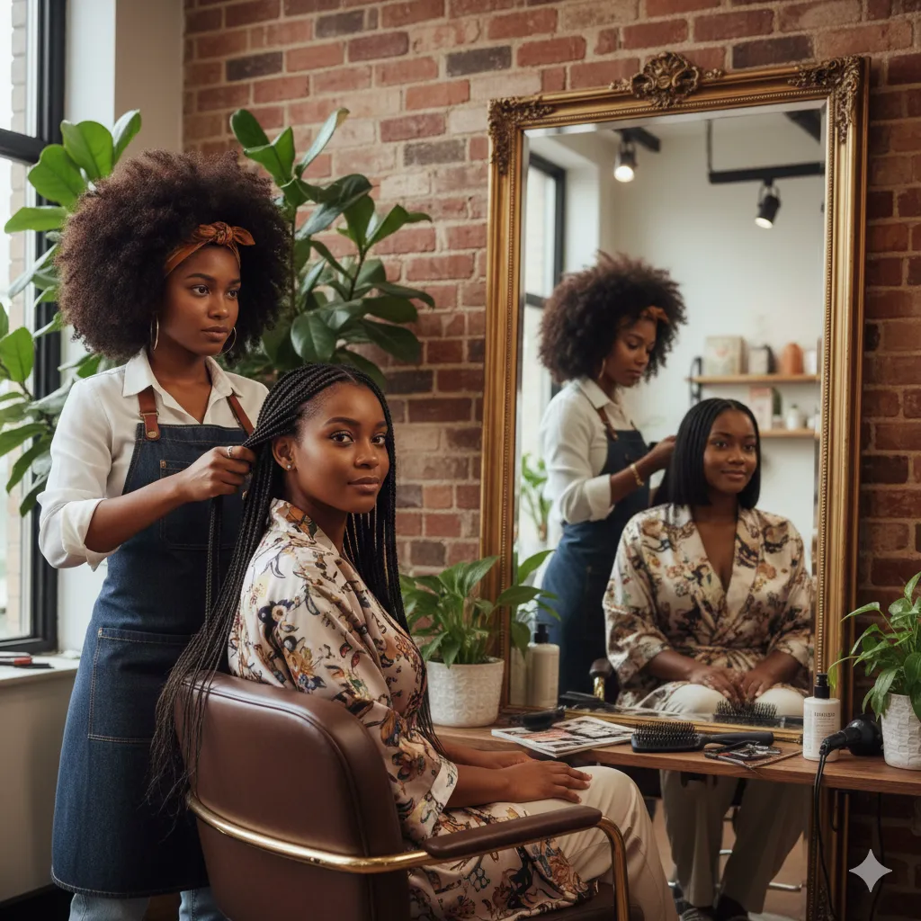 A stylist braiding a seated client's hair in a salon, with other women reflected in a gilt mirror
