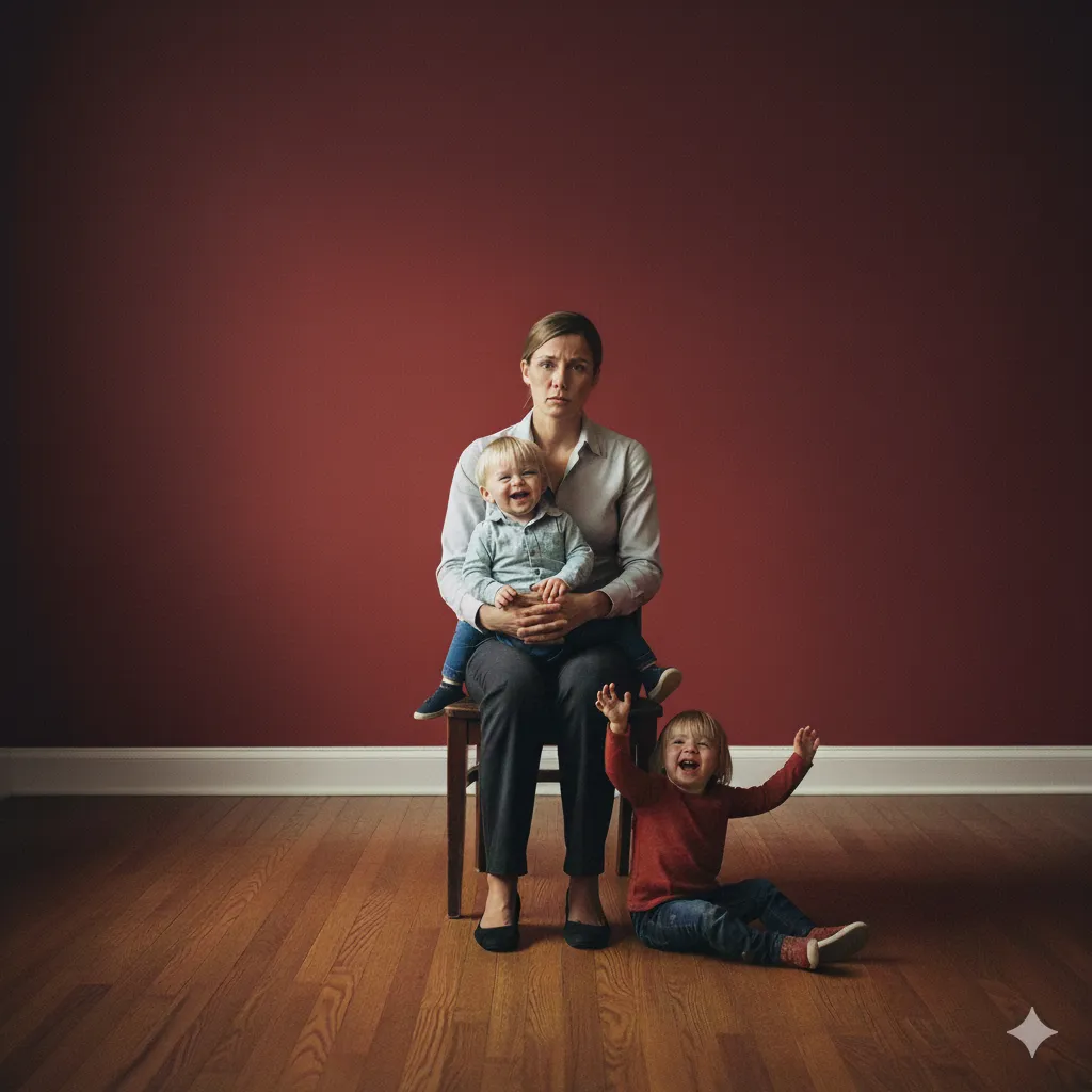 A woman seated holding a baby while a toddler reaches up beside her, against a deep red wall