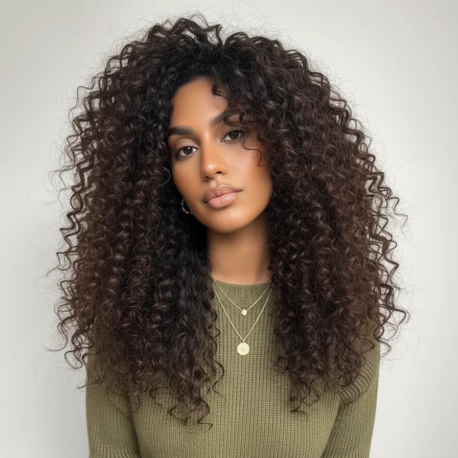 A young woman with voluminous curly hair in an olive top, looking directly at the camera
