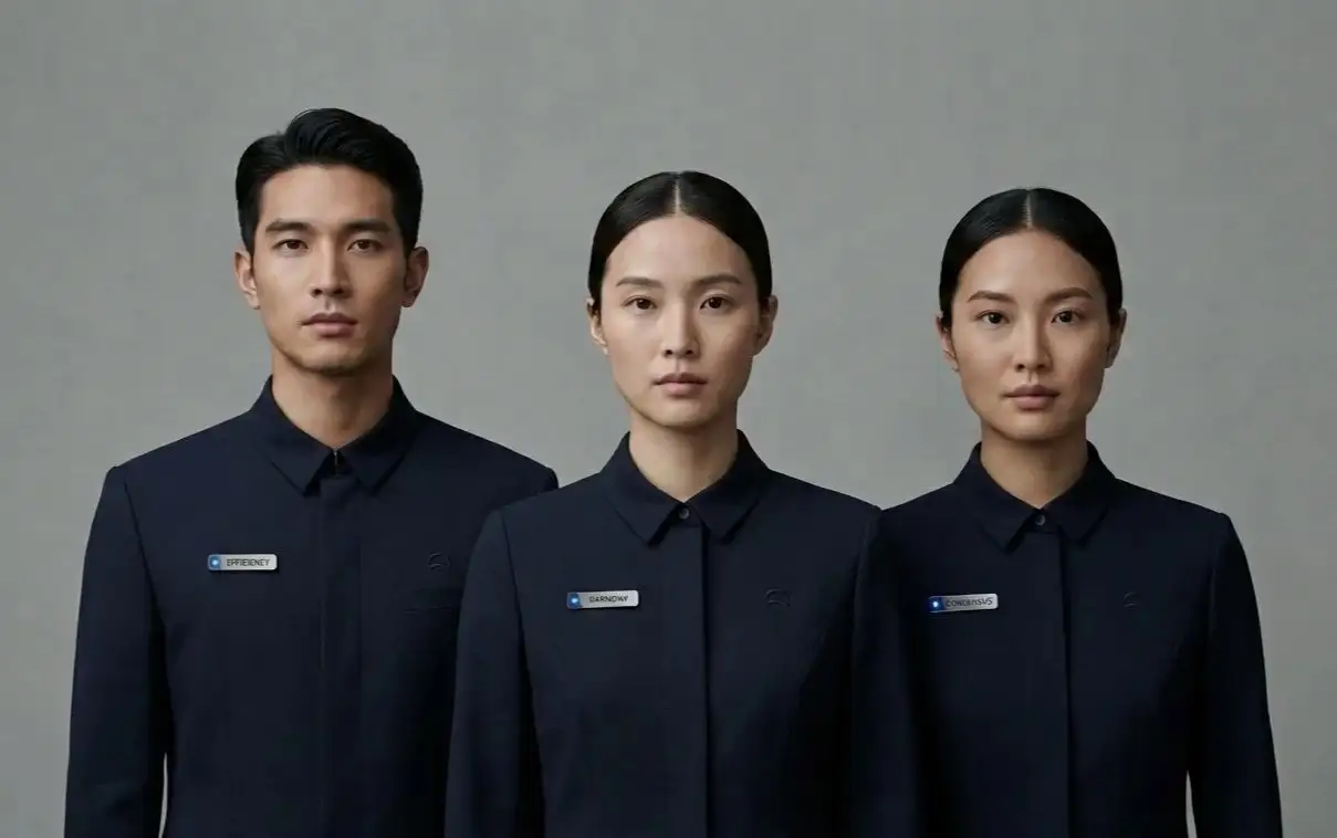 Three people in matching dark uniforms with name badges standing in a row, expressionless